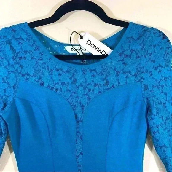NWT Davi Dani 80’s Turquoise  Lace Long Sleeve Scoop Neck Mini Bodycon Dress (S) - Picture 2 of 12